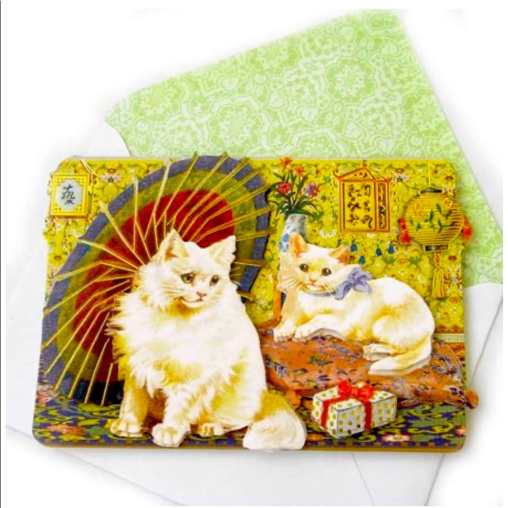 Punch Studio Oriental Umbrella White Cats Die-Cut 3D Note Card (58990-195)